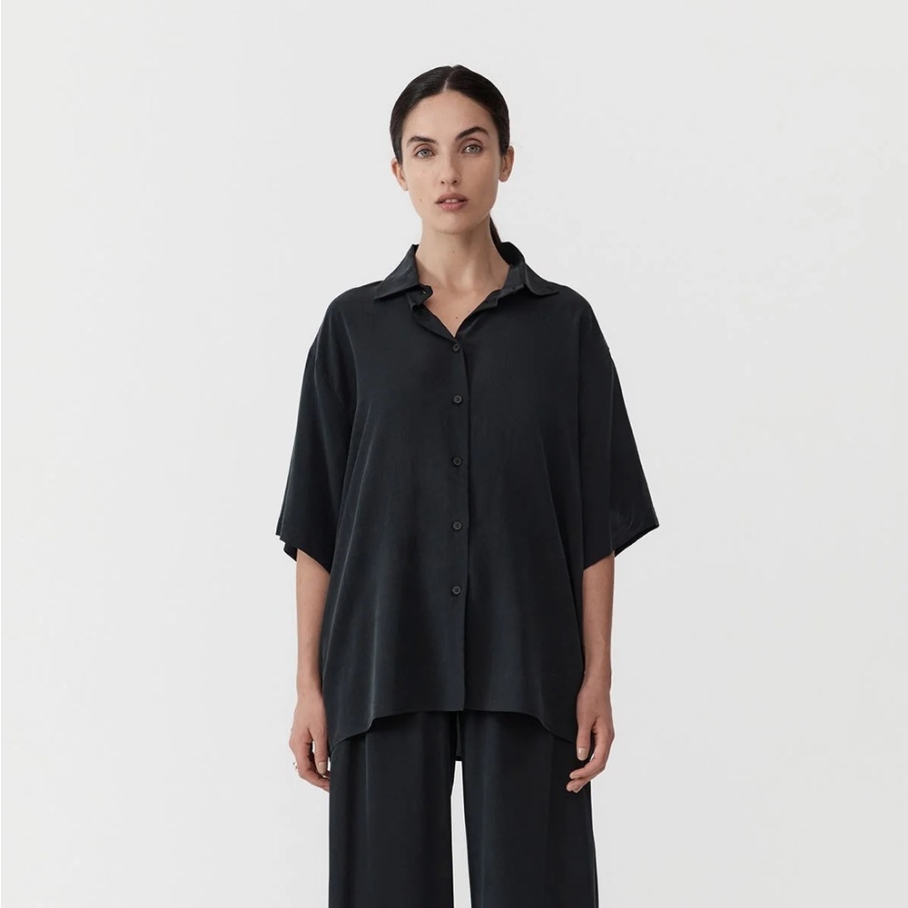 St. Agni Unisex Silk Shirt in Washed Black